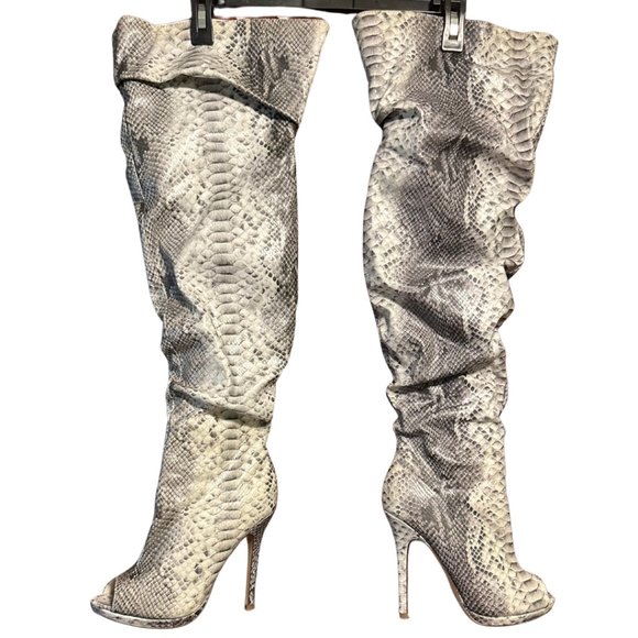 Shoes - Thigh High Faux Snake Skin Open-Toe Boots Size 7.5